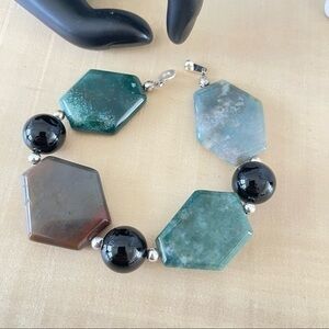 $49 SALE Handmade Chunky Hexagonal Jasper Onyx Bracelet 8.25” Luxe Spring Resort